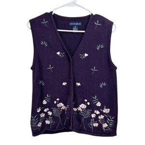 Vintage Embroidered Sweater Vest Size M Floral Boho Knit Cottagecore Grandma